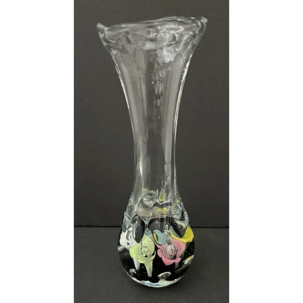 Vintage MCM St Clair Art Glass Bud Vase Pastel Flowers Handblown with Bubbles